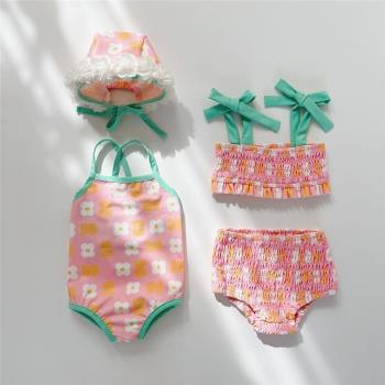 ins韓版女童寶寶花朵帶帽連體泳衣新生兒比基尼分體泳衣三件套潮
