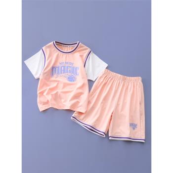 女童運動夏季速干衣兒童薄款短褲粉色衣服中大童洋氣套裝籃球服