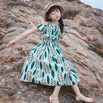 女童人造棉綢洋氣連衣裙薄款綠色長裙夏季大兒童海邊度假沙灘裙子