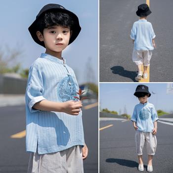漢服男童中國風唐裝寶寶夏季短袖套裝兒童薄款男孩古風帥氣童裝夏