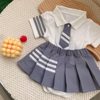 2023夏季新款女童連體衣jk制服新生兒學院風哈衣兩件套百褶裙套裝