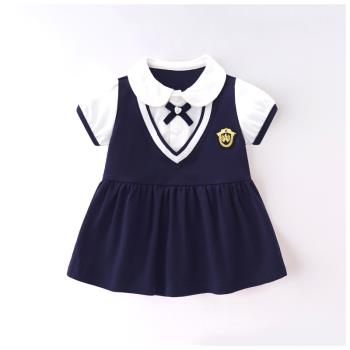 女童學院風連衣裙夏天一歲寶寶海軍藍裙子夏季周歲禮服洋氣公主裙