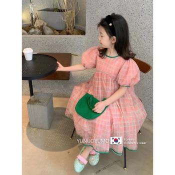 韓系童裝女童格子連衣裙夏季兒童紗裙粉色泡泡袖女孩網紅公主裙薄