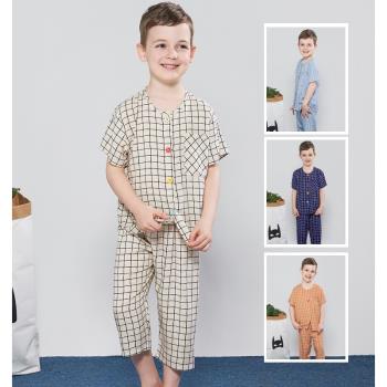 兒童棉綢睡衣夏季薄款短袖七分褲男童綿綢套裝小中大童男孩家居服