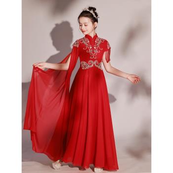 高端兒童古箏演出服女童新款大童中國風表演服藝考主持紅色晚禮服