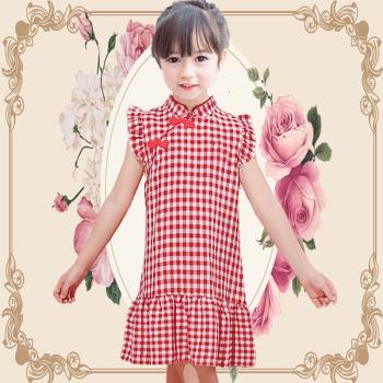 小學生復古純棉紅格子女童旗袍
