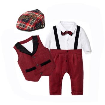 歐美風嬰兒紳士連體衣西裝男寶寶百天周歲抓周禮服馬甲帽子套裝潮
