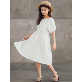 白色時髦中大童親子裝夏季連衣裙