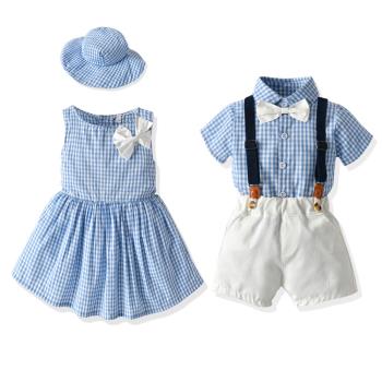 新款夏季姐弟裝男童周歲生日禮服套裝兒童表演寶寶抓周服女童裙子