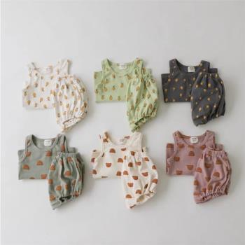 夏季寶寶無袖背心三角短褲兩件套嬰兒可愛印花休閑套裝中小童韓國