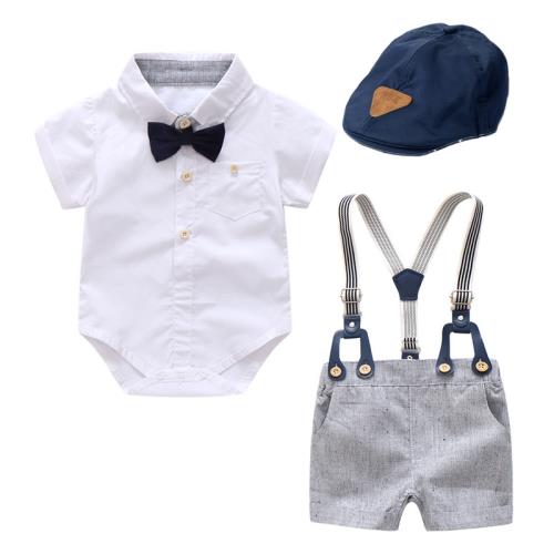周歲衣服男寶寶夏天短袖三角哈衣背帶套裝+帽子嬰兒百天照小禮服