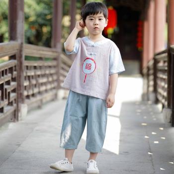 漢服男童夏裝寶寶唐裝中國風男孩夏季短袖套裝兒童民族風薄款古裝