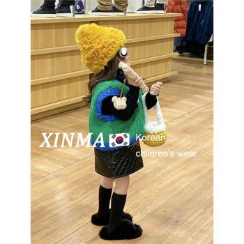 女童針織馬甲春季韓版兒童洋氣時髦V領毛衣背心寶寶復古炸街童裝3