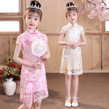 女童旗袍2023新款夏季中國風兒童蕾絲粉色小女孩連衣裙女大童洋氣