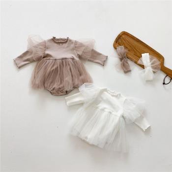 女寶寶春季蕾絲長袖包屁連體裙嬰兒公主哈衣裙滿月周歲服