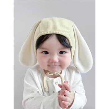 加絨系帶男女寶寶兔耳朵包臉胎帽