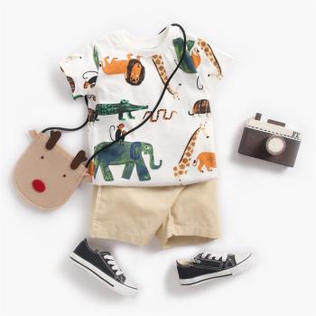 嬰兒衣服韓版童裝男寶寶動物印花短袖T恤+短褲兩件套夏季ins嬰兒
