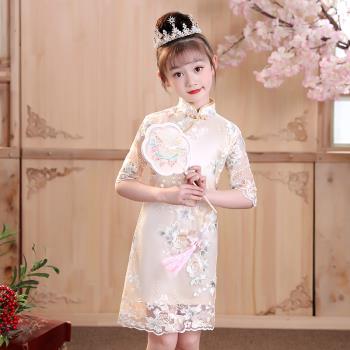 旗袍女童2023年新款夏季中國風復古蕾絲中式女大童兒童連衣裙洋氣