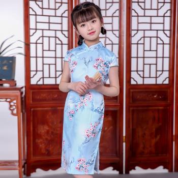 櫻花長款絲綢中式復古兒童旗袍