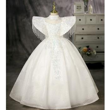 女童高端禮服公主裙花童婚禮小女孩禮服白色國風兒童蓬蓬裙演出服