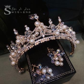 金色閃亮水晶珍珠皇冠頭飾兒童高檔公主大氣新年生日演出盤發禮服
