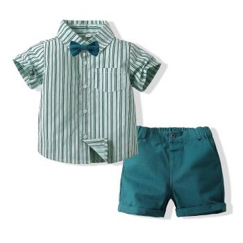 男童夏套裝小童新款夏時髦條紋襯衫寶寶短褲兒童帥氣紳士逛街衣服