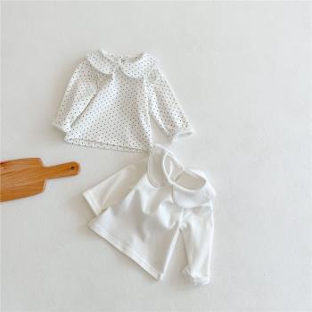 嬰童白色t恤長袖純棉嬰幼兒衣服春秋薄款女寶寶娃娃領打底衫上衣