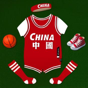 嬰兒中國服連體衣兒童籃球短袖哈衣男女寶寶紅藍色滿月拍照運動服