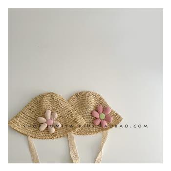洋氣花朵草帽~ins韓版兒童帽子沙灘草編嬰兒可調節女童寶寶遮陽帽