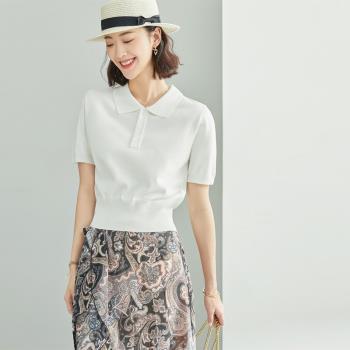 韓版POLO領薄款短袖針織衫女2023年夏季新款寬松休閑短款真絲上衣
