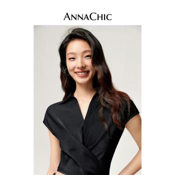 ANNACHIC黑色Polo領襯衫女夏季新款修身顯瘦襯衣設計短款綁帶上衣
