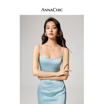 ANNACHIC藍色性感吊帶連衣裙女夏季新款小眾氣質收腰顯瘦緞面長裙