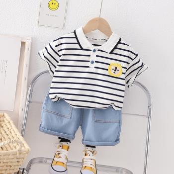 男童polo衫短袖套裝夏季2023新款兒童洋氣條紋小童寶寶夏裝衣服