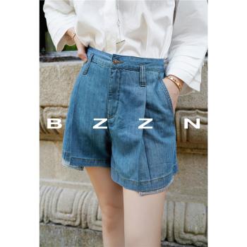 BZZN夏天CE女孩 條紋袋布疊層設計高腰a字褶锏顯瘦天絲牛仔短褲女