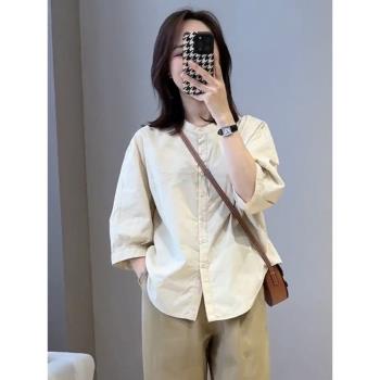 韓版簡約通勤中袖襯衫女2023夏季新款寬松顯瘦襯衣圓領七分袖上衣