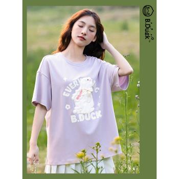 B.Duck小黃鴨短袖T恤2023年夏季新款寬松甜美少女蝴蝶結絨兔創意t
