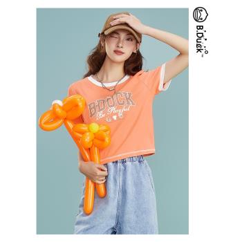 B.Duck小黃鴨短袖T恤女2023年夏季新款時髦復古減齡小短款個性潮t