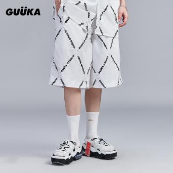 GUUKA夏季白色短褲女潮牌 情侶嘻哈菱形格字母印花五分褲運動寬松