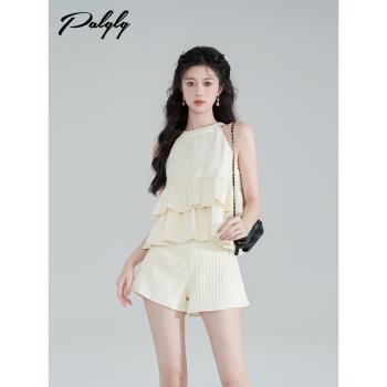 法式掛脖上衣時尚套裝女士夏季新款甜美氣質高階感短褲休閑兩件套