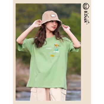 B.Duck小黃鴨短袖T恤2023年夏季新款寬松休閑清新綠個性簡約時髦t