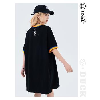 B.Duck小黃鴨短袖T恤女2023年夏季新款寬松時髦經典黑中長款T恤裙