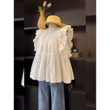 夏季新款法式別致很仙的絕美上衣設計感小眾白色鏤空小飛袖襯衫女