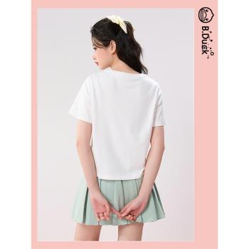 B.Duck小黃鴨短袖T恤2023年夏季新款創意設計感綁帶短t甜美顯瘦潮