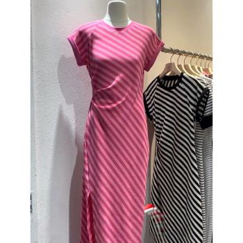 2023夏季茶歇法式氣質顯瘦長裙高級感絕美粉色條紋t恤連衣裙子女