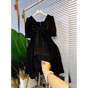 夏季新款黑色蝴蝶結收腰裙子高級感遮肚子顯瘦氣質連衣裙女小個子