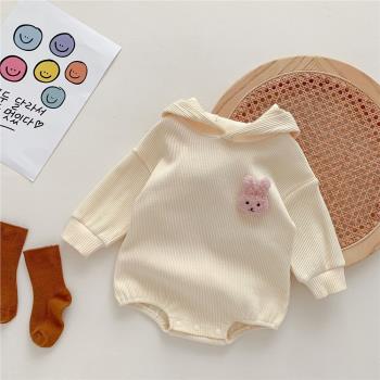 新款ins韓版嬰兒連體衣0-2歲兔子長袖三角包屁衣寶寶春秋連帽哈衣