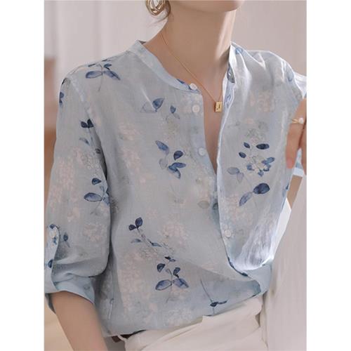 薄款棉麻碎花雪紡短袖襯衫夏季2025新款法式亞麻女裝氣質中袖上衣