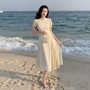 中國風改良版連衣裙女2022年夏季新款拼接蕾絲泡泡袖收腰法式旗袍