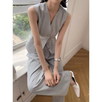 WANGXO灰色條紋兩件套裝女夏季無袖西裝馬甲高腰闊腿褲開叉半身裙