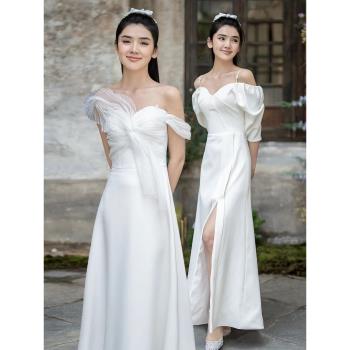 伴娘服女2024新款秋冬小眾高階姐妹團訂婚白色畢業禮服裙領證登記